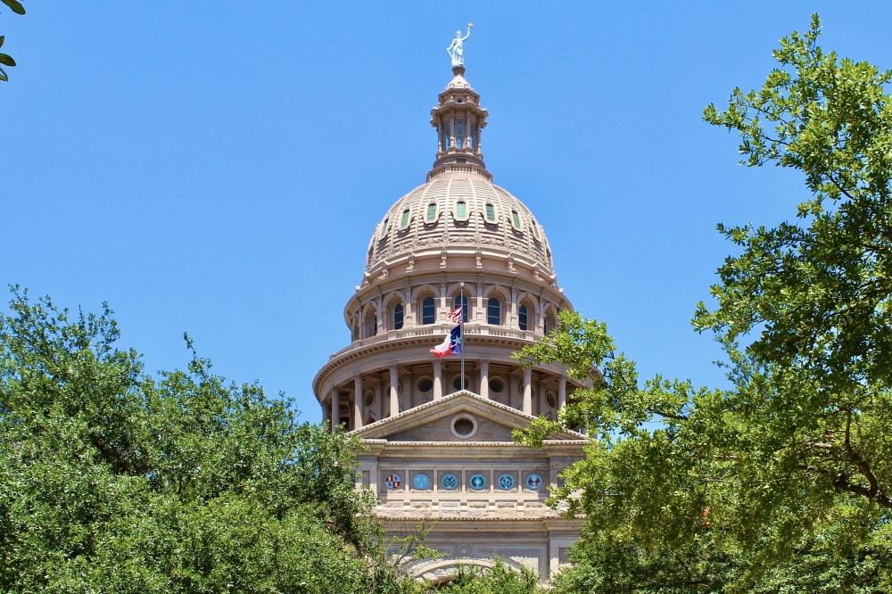 The Texas Capitol surrounded by trees on a clear, sunny day.