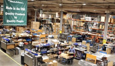 Overview of a factory floor featuring a banner with Vent-A-Hood lettering.