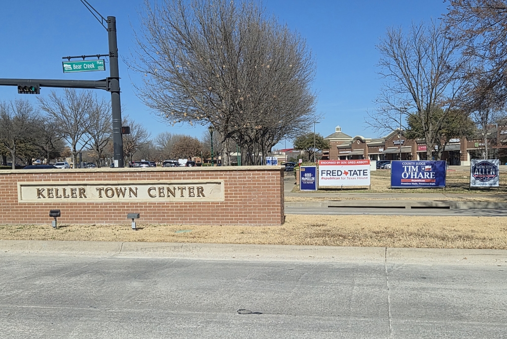 Candidate signs have been placed near Keller Town Center for upcoming elections. (Patricia Ortiz/Community Impact)