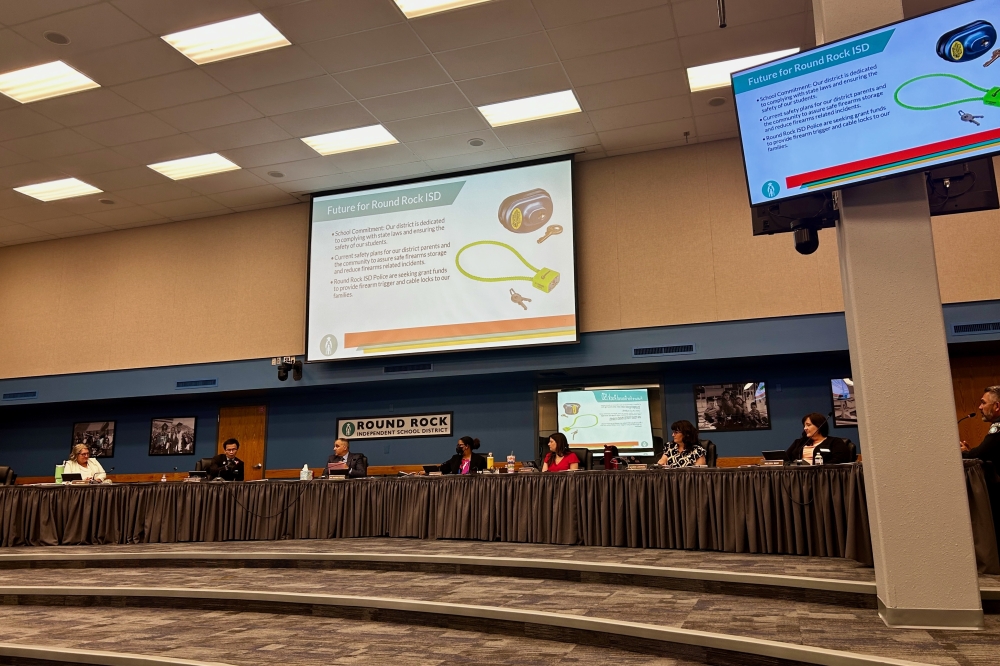 Round Rock ISD Police Department Chief Ryan Urrutia presented information in April about a grant opportunity to promote community firearm safety. (Brooke Sjoberg/Community Impact)