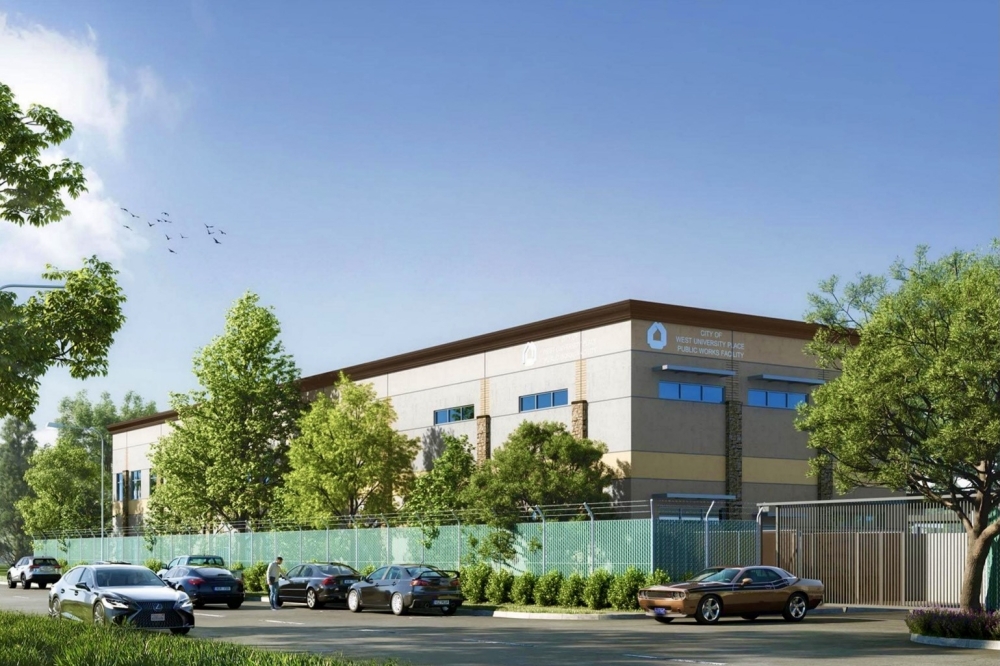 West University's new public works facility will be over 17,000 square feet and two stories tall at the corner of Westpark Drive and Dincans Street in Houston. (Rendering courtesy PGAL)