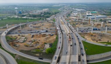 TxDOT shifted Loop 1604 mainlanes onto the eastbound bypass ramp in February.  (Dragon Drone Services/Community Impact)