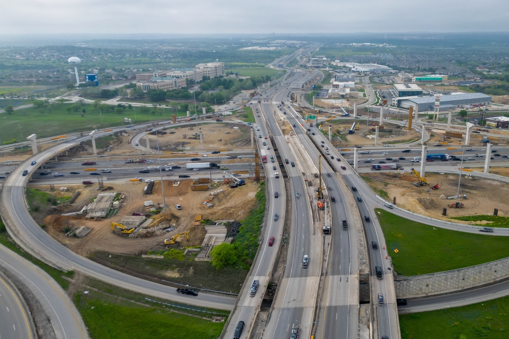 TxDOT shifted Loop 1604 mainlanes onto the eastbound bypass ramp in February.  (Dragon Drone Services/Community Impact)