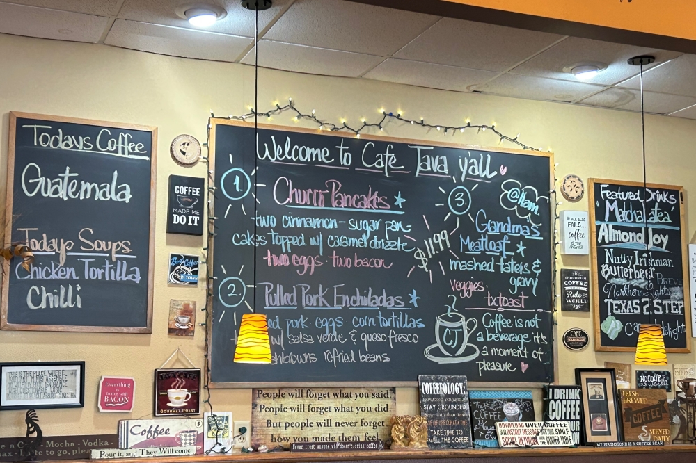 The Café Java in Round Rock features the restaurant's signature chalkboard menu. (Brooke Sjoberg/Community Impact)