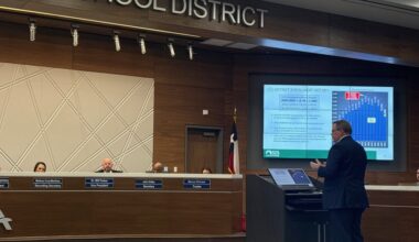 Brent Alexander, demographics research director at School District Strategies, speaks during an Allen ISD board of trustees meeting.