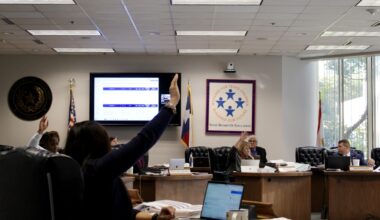 State Board of Education members, seated at desks in a circle, raise their hands to vote on a proposal.