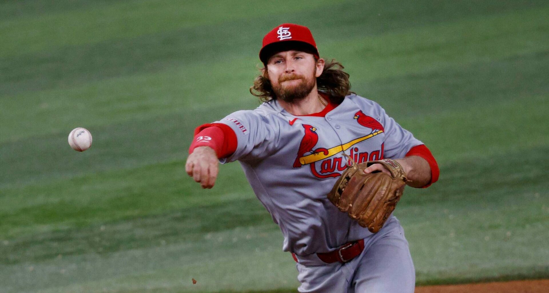 St. Louis Cardinals second base Brendan Donovan (33) throws to first for a double play during the fifth inning of a baseball game at Globe Life Field, Friday, May 30, 2025, in Arlington, Texas. (Chitose Suzuki, The Dallas Morning News, Tribune News Services)