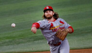 St. Louis Cardinals second base Brendan Donovan (33) throws to first for a double play during the fifth inning of a baseball game at Globe Life Field, Friday, May 30, 2025, in Arlington, Texas. (Chitose Suzuki, The Dallas Morning News, Tribune News Services)