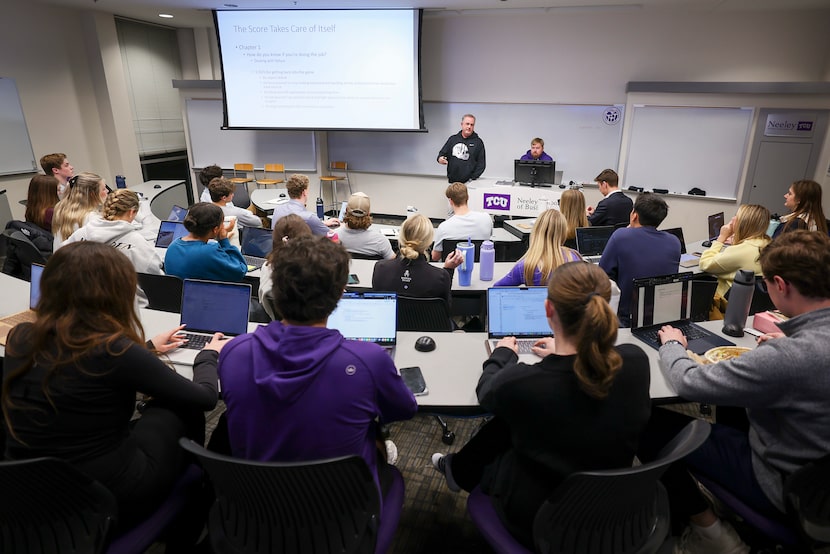 TCU football coach Sonny Dykes teaches a leadership class at the Neeley School of Business...
