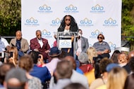 Mill City 50 project manager Shannon Brown Key speaks during a ground breaking ceremony for...