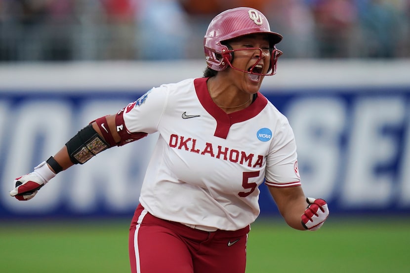 Oklahoma infielder Ella Parker (5) rounds the bases after hitting a walk-off 3-run homer...