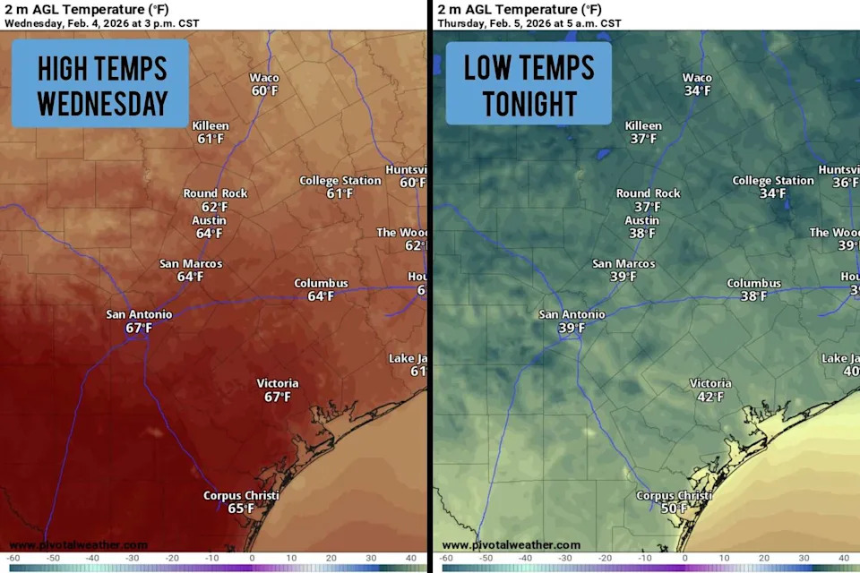 Shown are the expected afternoon high temps for Wednesday, left, as well as the potential overnight low temps Wednesday night. (Pivotal Weather)
