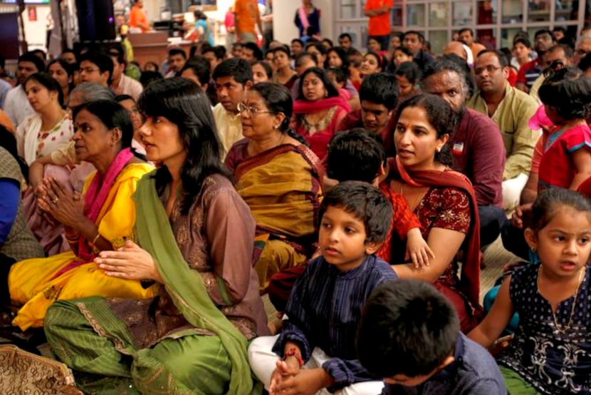 A crowd participates in the Diwali celebration at the Karya Siddhi Hanuman Temple in Frisco.