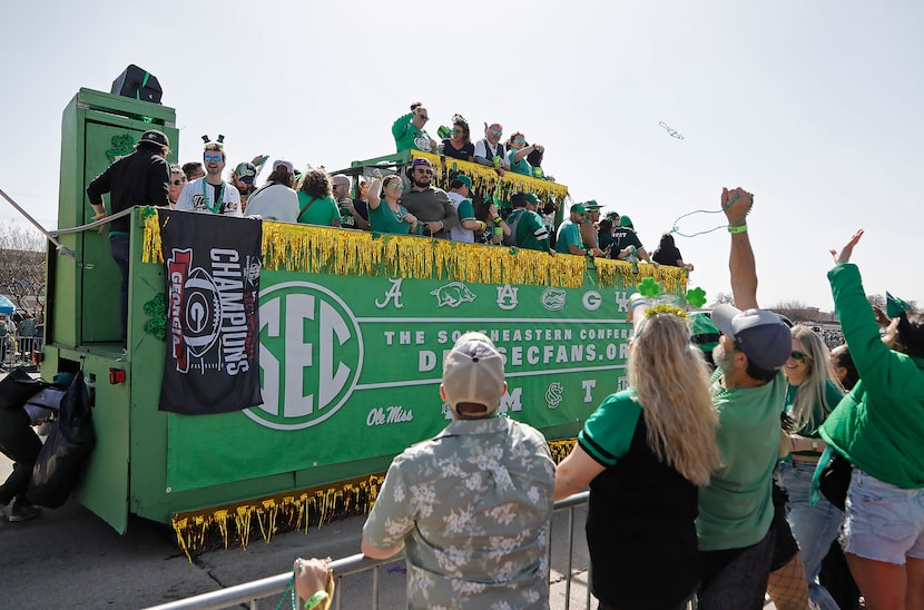 The Southeastern Conference fans float was throwing beads as the 44th annual St. Patrick’s...