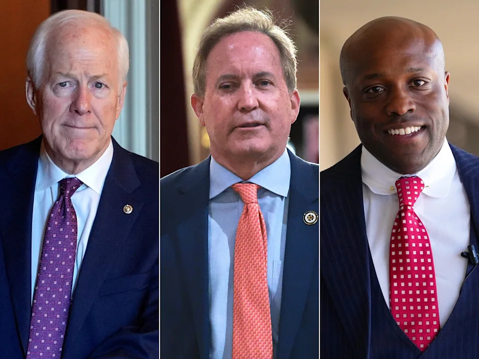 Kent Nishimura/Reuters | Anna Moneymaker/Getty Images | Julio Cortez/AP - PHOTO: Sen. John Cornyn arrives for a press conference, Feb. 10, 2026. | Texas Attorney General Ken Paxton arrives for the State of the Union address on Feb. 24, 2026, in Washington. | Rep. Wesley Hunt arrives at an event, Feb. 16, 2026, in Dallas.