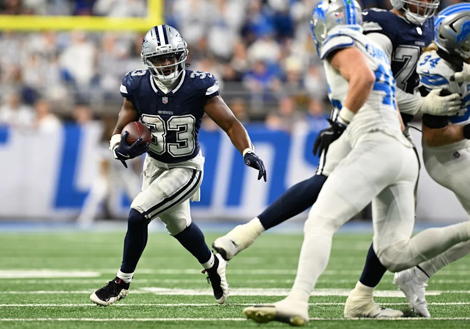 <p>Dec 4, 2025; Detroit, Michigan, USA; Dallas Cowboys running back Javonte Williams (33) runs during the first half against the Detroit Lions at Ford Field. Mandatory Credit: Lon Horwedel-Imagn Images</p><br>