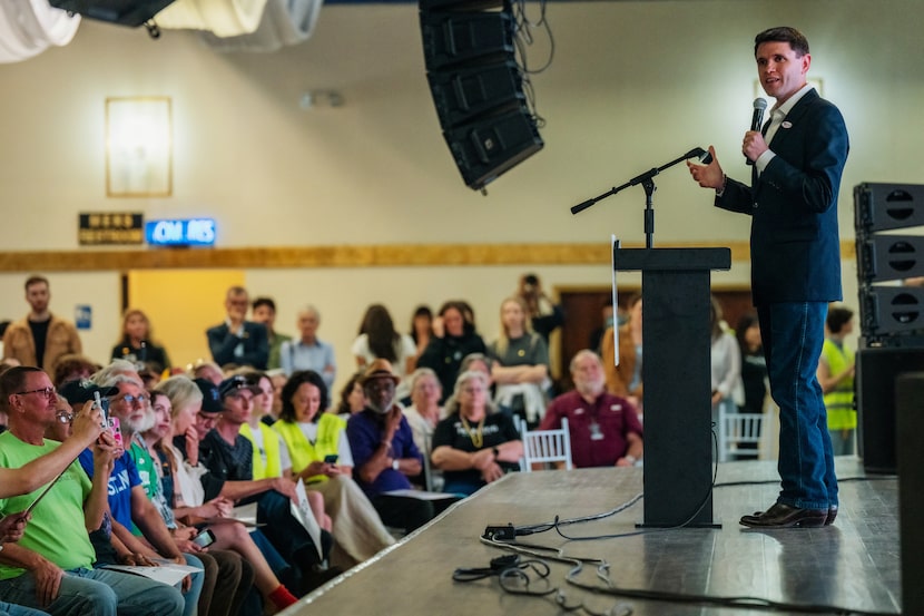 Democratic Texas Senate candidate James Talarico speaks to supporters at his campaign event...