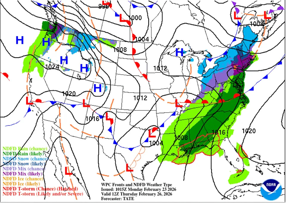A dry cold front will move across Texas on Thursday, reinforcing the dry air and breezy north winds in place this week. (Weather Prediction Center)
