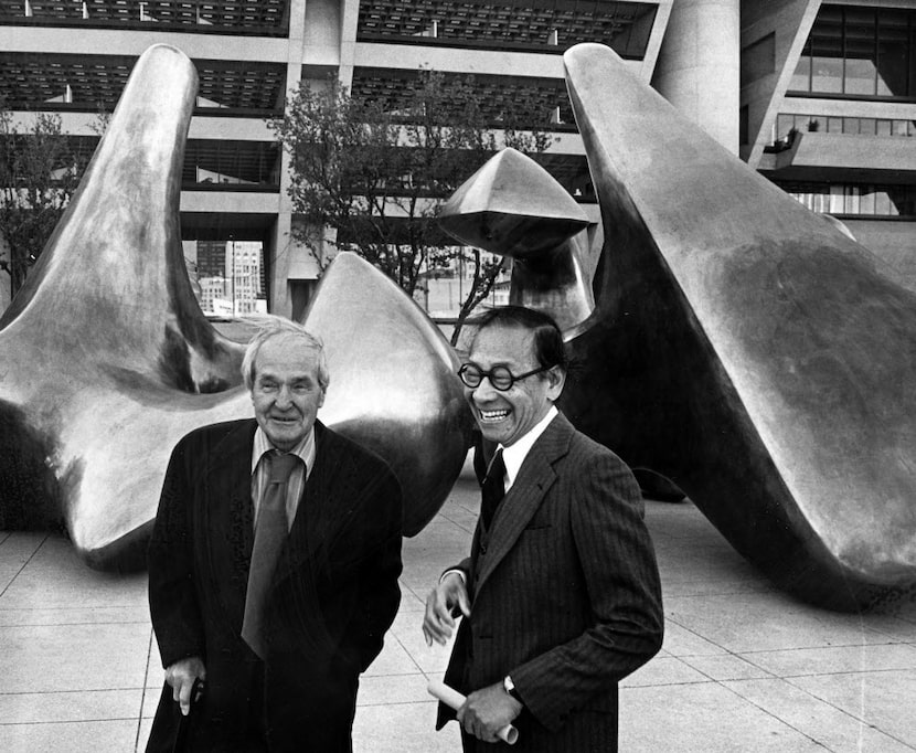 Sculptor Henry Moore (left) and architect I. M. Pei were on hand for the dedication of...