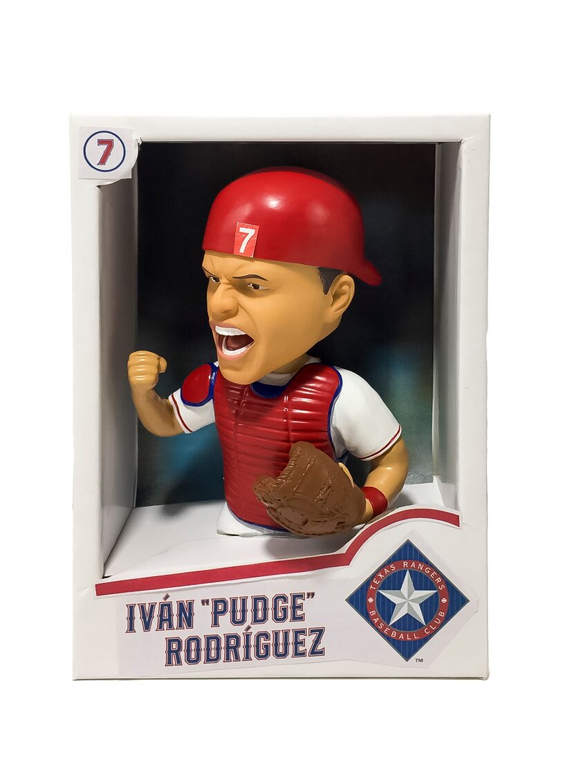 Texas Rangers' Pudge Rodriguez baseball card bobblehead giveaway.
