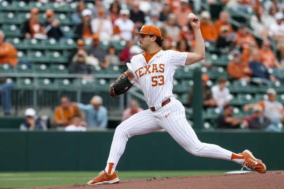 AUSTIN, TX – FEBRUARY 21: Pitcher Luke Harrison #53 of the Texas Longhorns pitches the ball during the college baseball game between Texas Longhorns and Michigan State Spartans on February 21, 2026, at UFCU Disch-Falk Field in Austin, TX. (Photo by David Buono/Icon Sportswire via Getty Images)