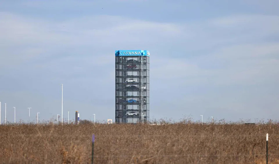 The Carvana tower can be seen across a field not yet developed in North City on Wednesday, Jan. 7, 2026. North City is a 300-acre development at the intersection of I-35W and U.S. 287 in North Texas.