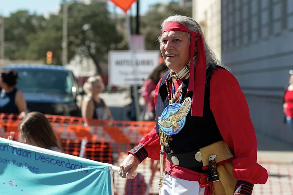 Members of the San Antonio Mission Indian Descendants group march in the Western Heritage Parade on Saturday, Feb. 7, 2026. (Blaine Young/Contributor)