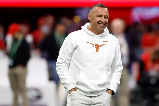 Head coach Steve Sarkisian of the Texas Longhorns looks on prior to the 2024 SEC Championship against the Georgia Bulldogs at Mercedes-Benz Stadium on December 07, 2024 in Atlanta, Georgia.