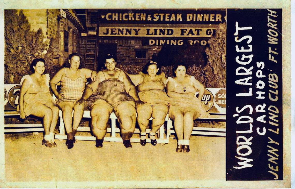In 1940, the Jenny Lind Club in Fort Worth advertised for “stout girls” to work as the “world’s largest car hops.” First, the club hired a theater dance troupe named the “Six Tiny Rosebuds.” The 7up logo in the background was first used in 1939.