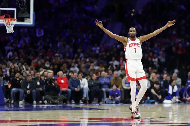 Jan 22, 2026; Philadelphia, Pennsylvania, USA; Houston Rockets forward Kevin Durant (7) reacts to a three pointer against the Philadelphia 76ers during the fourth quarter at Xfinity Mobile Arena. Mandatory Credit: Bill Streicher-Imagn Images