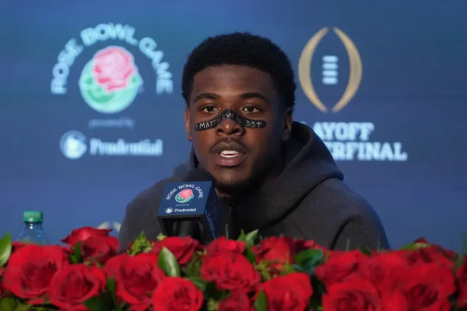 Jan 1, 2026; Pasadena, CA, USA; Alabama Crimson Tide wide receiver Germie Bernard (5) at press conference after the 2025 Rose Bowl and quarterfinal game of the College Football Playoff against the Indiana Hoosiers at Rose Bowl Stadium. Mandatory Credit: Kirby Lee-Imagn Images