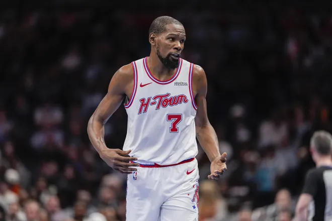 Feb 19, 2026; Charlotte, North Carolina, USA; Houston Rockets forward Kevin Durant (7) during the second quarter against the Charlotte Hornets at Spectrum Center. Mandatory Credit: Jim Dedmon-Imagn Images