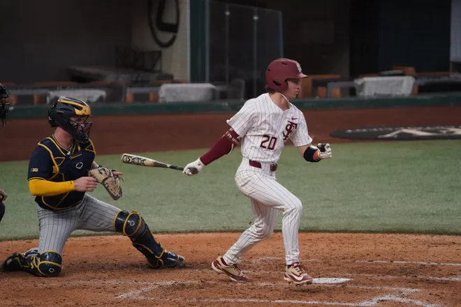 Feb 20, 2026; Arlington, TX, USA; Michigan Wolverines vs Florida State Seminoles during the Amegy Bank College Baseball Series at Globe Life Field. Mandatory Credit: Raymond Carlin III-Imagn Images