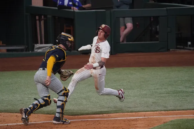 Feb 20, 2026; Arlington, TX, USA; Michigan Wolverines vs Florida State Seminoles during the Amegy Bank College Baseball Series at Globe Life Field. Mandatory Credit: Raymond Carlin III-Imagn Images