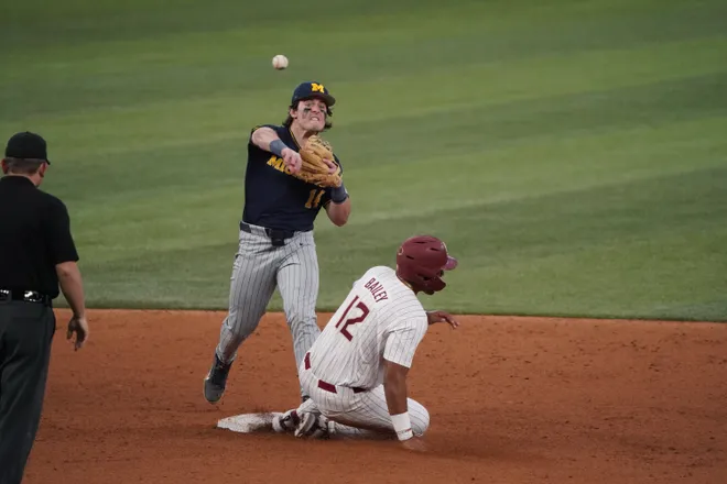 Feb 20, 2026; Arlington, TX, USA; Michigan Wolverines vs Florida State Seminoles during the Amegy Bank College Baseball Series at Globe Life Field. Mandatory Credit: Raymond Carlin III-Imagn Images