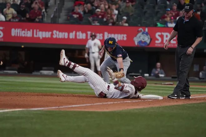 Feb 20, 2026; Arlington, TX, USA; Michigan Wolverines vs Florida State Seminoles during the Amegy Bank College Baseball Series at Globe Life Field. Mandatory Credit: Raymond Carlin III-Imagn Images