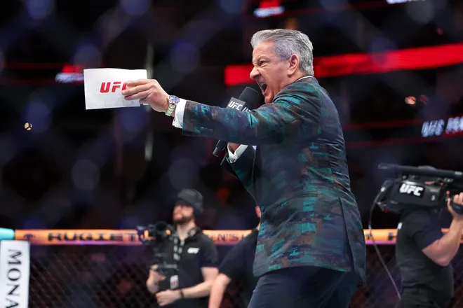 Feb 21, 2026; Houston, Texas, USA; Ring Announcer, Bruce Buffer introduces a bout during UFC Fight Night at Toyota Center. Mandatory Credit: Troy Taormina-Imagn Images