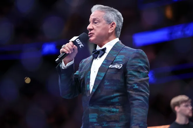 Feb 21, 2026; Houston, Texas, USA; Ring Announcer, Bruce Buffer introduces a bout during UFC Fight Night at Toyota Center. Mandatory Credit: Troy Taormina-Imagn Images
