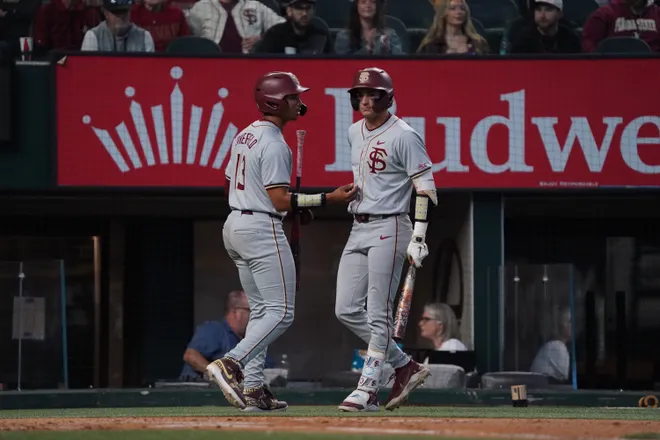 Feb 21, 2026; Arlington, TX, USA; Florida State Seminoles vs Auburn Tigers during the Amegy Bank College Baseball Series at Globe Life Field. Mandatory Credit: Raymond Carlin III-Imagn Images