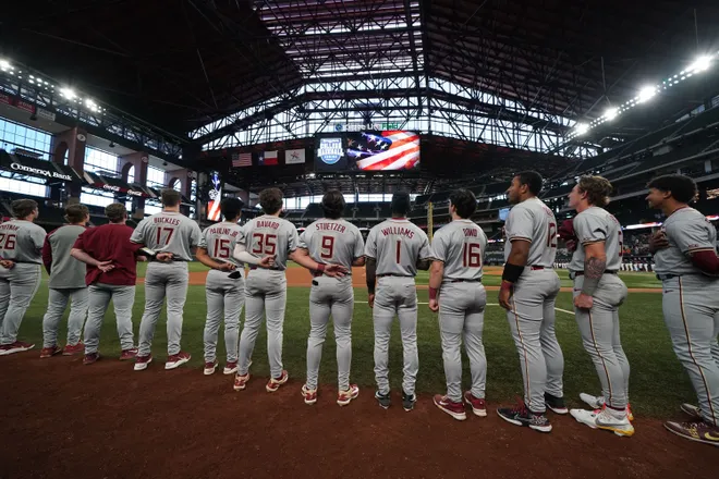 Feb 21, 2026; Arlington, TX, USA; Florida State Seminoles vs Auburn Tigers during the Amegy Bank College Baseball Series at Globe Life Field. Mandatory Credit: Raymond Carlin III-Imagn Images