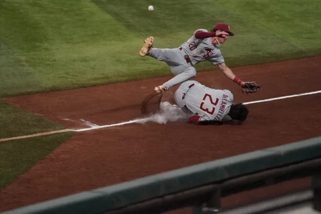 Feb 21, 2026; Arlington, TX, USA; Florida State Seminoles vs Auburn Tigers during the Amegy Bank College Baseball Series at Globe Life Field. Mandatory Credit: Raymond Carlin III-Imagn Images