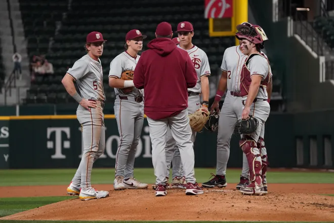 Feb 21, 2026; Arlington, TX, USA; Florida State Seminoles vs Auburn Tigers during the Amegy Bank College Baseball Series at Globe Life Field. Mandatory Credit: Raymond Carlin III-Imagn Images