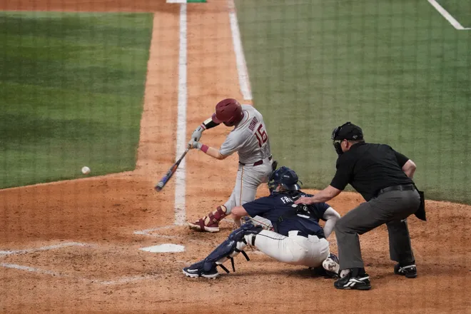 Feb 21, 2026; Arlington, TX, USA; Florida State Seminoles vs Auburn Tigers during the Amegy Bank College Baseball Series at Globe Life Field. Mandatory Credit: Raymond Carlin III-Imagn Images