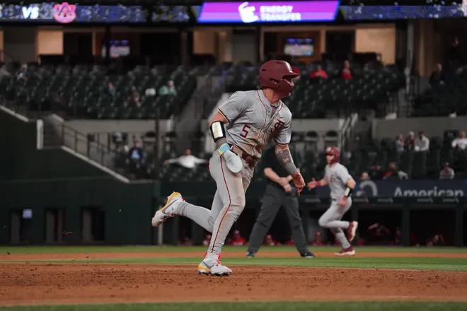 Feb 21, 2026; Arlington, TX, USA; Florida State Seminoles vs Auburn Tigers during the Amegy Bank College Baseball Series at Globe Life Field. Mandatory Credit: Raymond Carlin III-Imagn Images