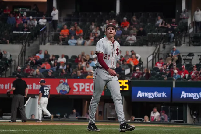 Feb 21, 2026; Arlington, TX, USA; Florida State Seminoles vs Auburn Tigers during the Amegy Bank College Baseball Series at Globe Life Field. Mandatory Credit: Raymond Carlin III-Imagn Images
