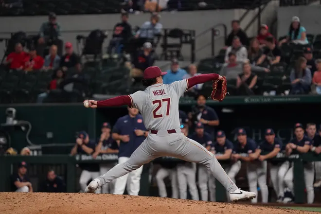 Feb 21, 2026; Arlington, TX, USA; Florida State Seminoles vs Auburn Tigers during the Amegy Bank College Baseball Series at Globe Life Field. Mandatory Credit: Raymond Carlin III-Imagn Images