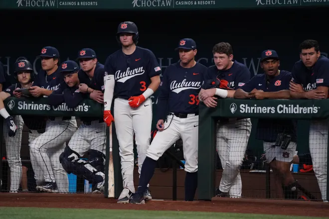 Feb 21, 2026; Arlington, TX, USA; Florida State Seminoles vs Auburn Tigers during the Amegy Bank College Baseball Series at Globe Life Field. Mandatory Credit: Raymond Carlin III-Imagn Images