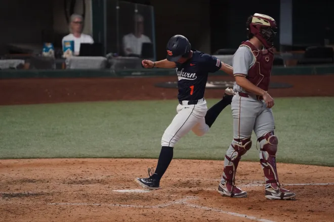 Feb 21, 2026; Arlington, TX, USA; Florida State Seminoles vs Auburn Tigers during the Amegy Bank College Baseball Series at Globe Life Field. Mandatory Credit: Raymond Carlin III-Imagn Images