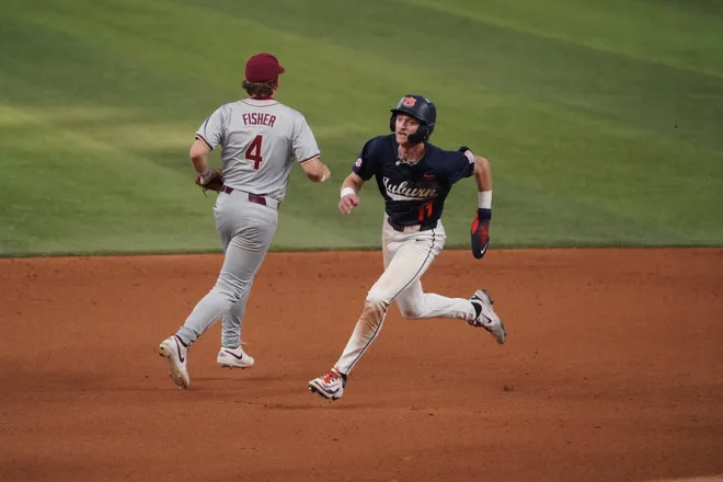 Feb 21, 2026; Arlington, TX, USA; Florida State Seminoles vs Auburn Tigers during the Amegy Bank College Baseball Series at Globe Life Field. Mandatory Credit: Raymond Carlin III-Imagn Images