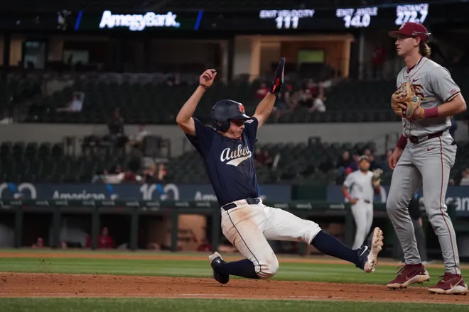 Feb 21, 2026; Arlington, TX, USA; Florida State Seminoles vs Auburn Tigers during the Amegy Bank College Baseball Series at Globe Life Field. Mandatory Credit: Raymond Carlin III-Imagn Images
